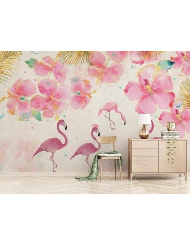 Papier Peint Flamant Rose 4 Murs Fleurs de pas cher