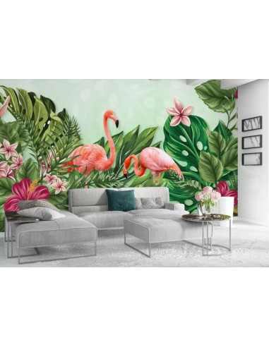 Papier Peint Panoramique Flamant Rose Jungle en linge