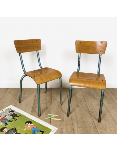 Duo de chaises de maternelle vintages en bois et métal tubulaire 2023